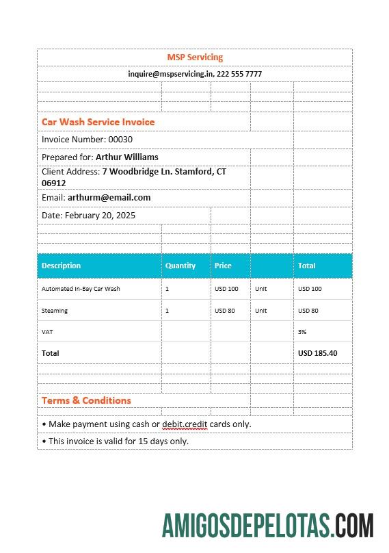 imprimível Modelo de fatura de serviço de lavagem de carros